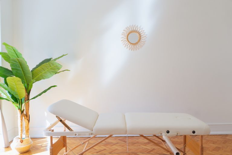 Pormenor de decoração com planta e candeeiro de teto num consultório em Lisboa