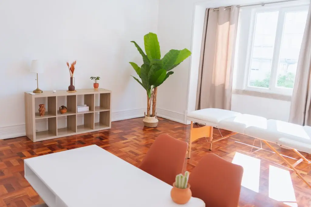 Sala com marquesa e estante em soalho de parquet, Consultórios em Lisboa