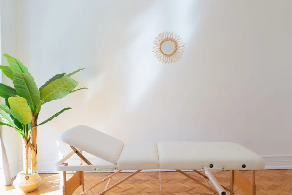 Pormenor de decoração com planta e candeeiro de teto num consultório em Lisboa