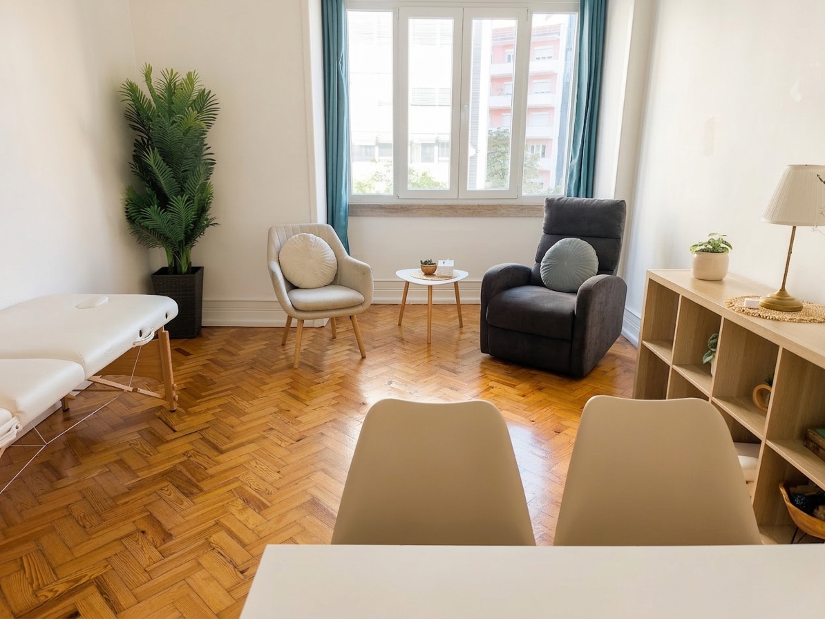 Consultório no Saldanha com luz natural, poltronas, marquesa e secretária